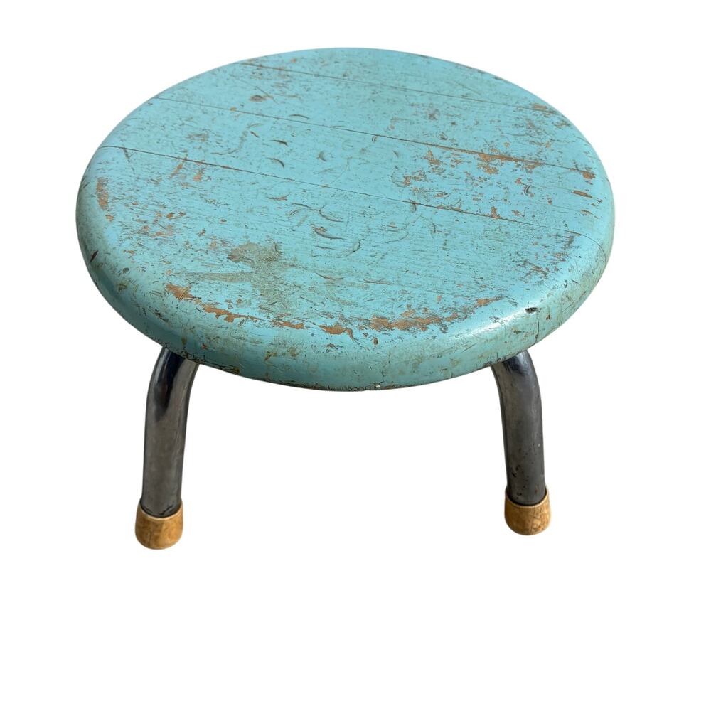 Vintage Silkauf Foot Rest Footstool Stool Painted Wood Top Chrome Legs Farmhouse
